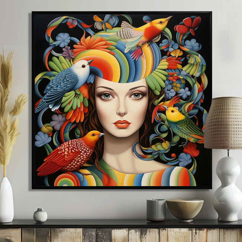Jungle Beauty Birds Tropical Flowers II - Abstract Collages, art mural, Cadre flottant noir, H 16 po x l 16 po