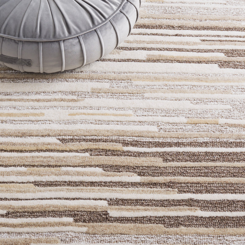 Natural Beige 3x5 Wool Hand-Tufted Striped Area Rug