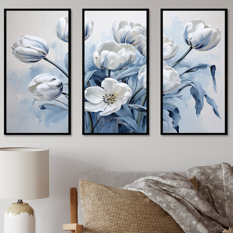 Minimalisme, tulipes bleues et blanches Brushstrokes - ensemble d'art sur toile, H 28 po x l 36 po x P 1 po