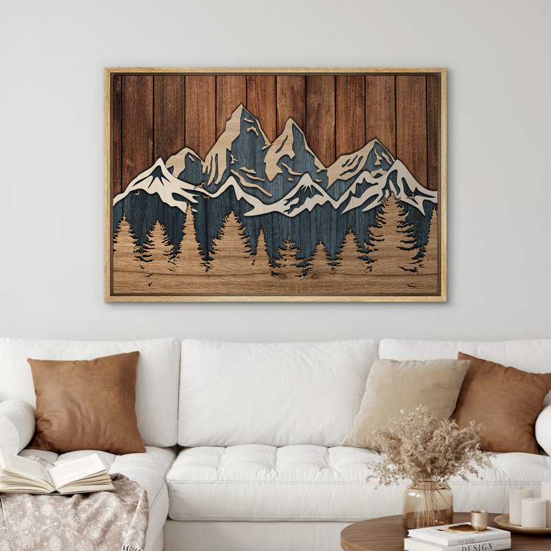 «Western Wood Effect Landscape Mountain Range Nature Forest Rustic Cabin Office Office», reproduction d'art sur toile encadrée