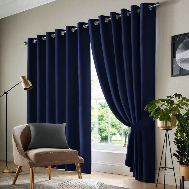 100 % Polyester Blackout Eyelet Room Darkening  Thermal Curtain (Set of 2), 168 cm Width x 228 cm Drop, Navy