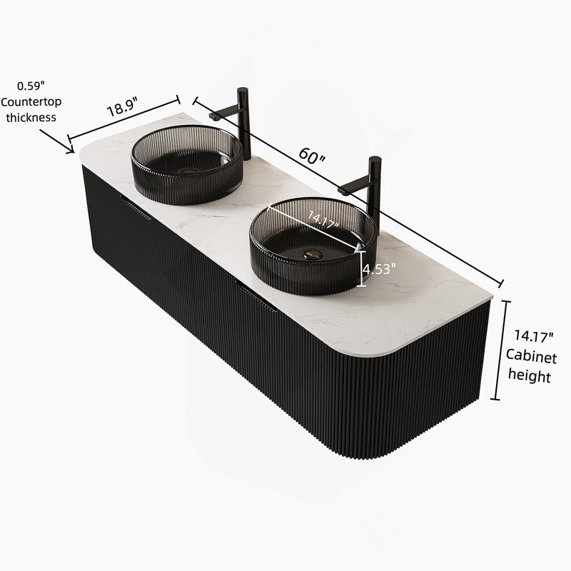 Meuble-lavabo mural 60 po avec 2 tiroirs, lavabos ronds noirs transparents et armoire de rangement rayée, Noir