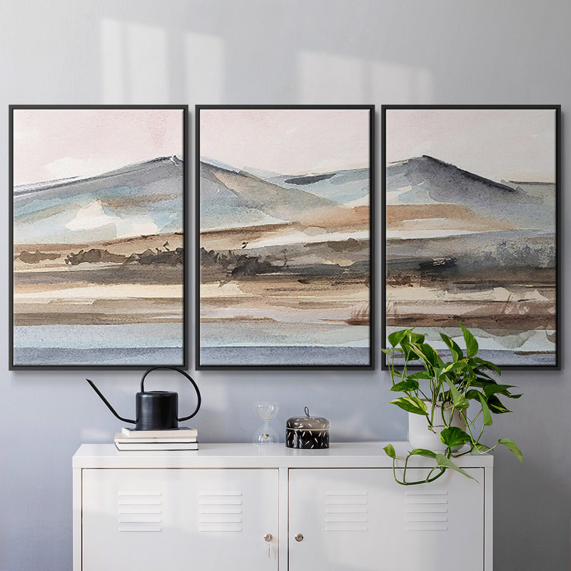 Autumn Mountain Valley II, peinture sur toile 3 pièces, H 36 po x l 75 po, Cadre noir