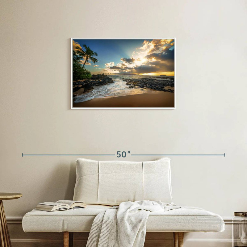 Makena Cove, ciel coucher de soleil, Cadre flottant blanc, 31 po x 21 po