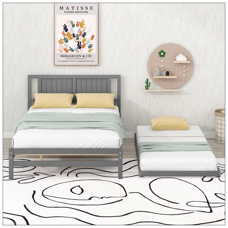 Lit plateforme double avec lit gigogne réglable, bois de pin et panneau de fibres à densité moyenne, grand soutien et stabilité pour une utilisation polyvalente