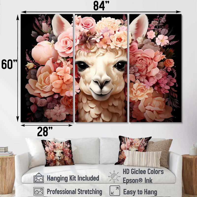 Fleur rose, couronne d'alpaga, art mural, H 28 po x l 36 po x P 1 po, Toile tendue