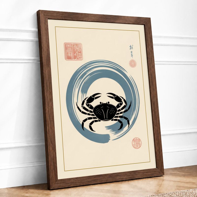 Crab in Circles Japandi - Framed Print, Walnut, A3 - 42.0 x 29.7 cm