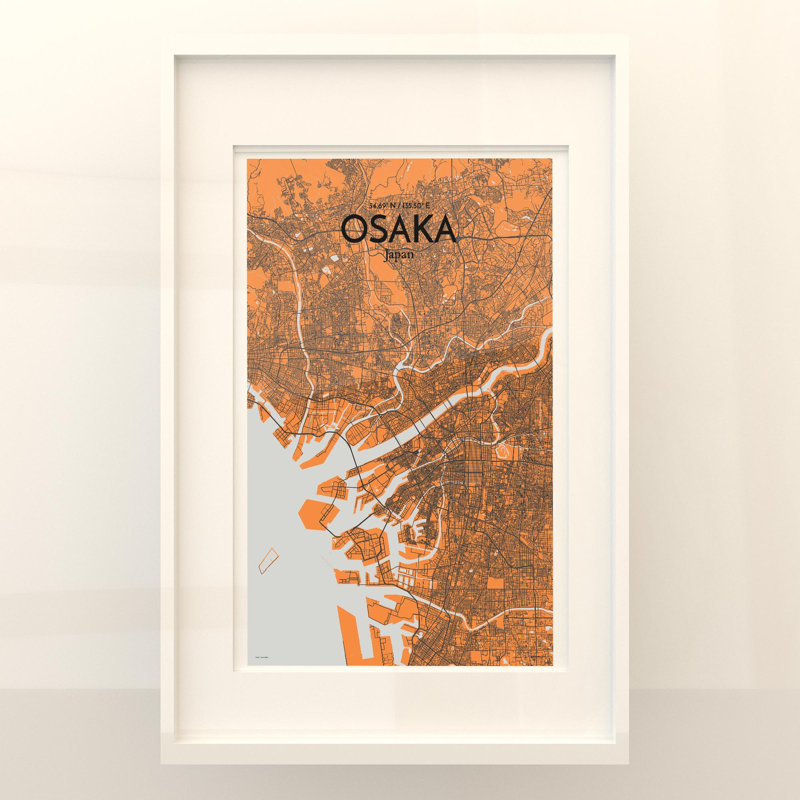 Osaka City Map In Orange - No Frame Print, 17cm H x 11cm W x 0.05cm D