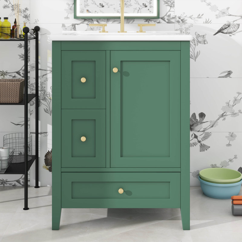 24" Bathroom Vanities With Undermount Ceramic Sink, Multi-Functional Storage Cabinet With Three Drawers And Adjustable Shelf,Removable Dividers