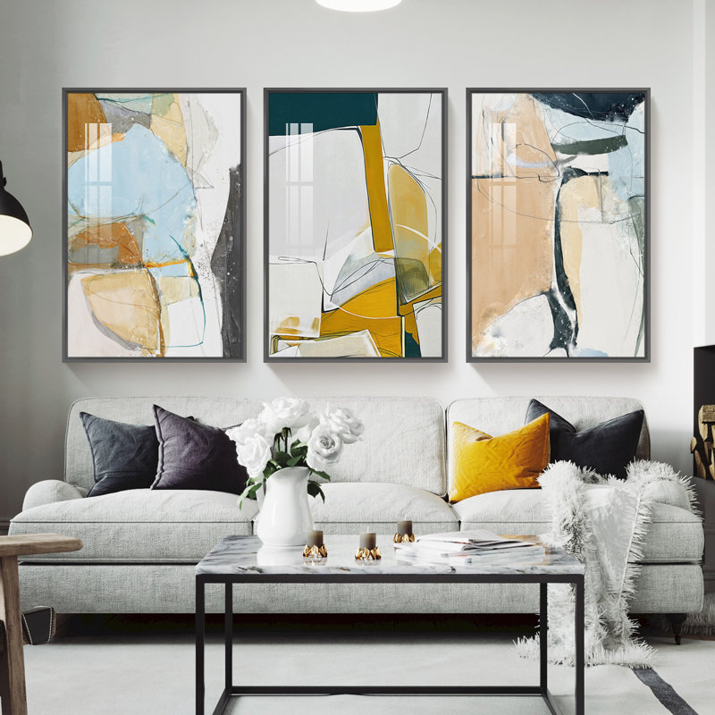 Abstrait aluminium encadré, ensemble de 3 reproductions d'art encadrées sur toile, H 24,3 po x l 48,3 po x P 1,65 po