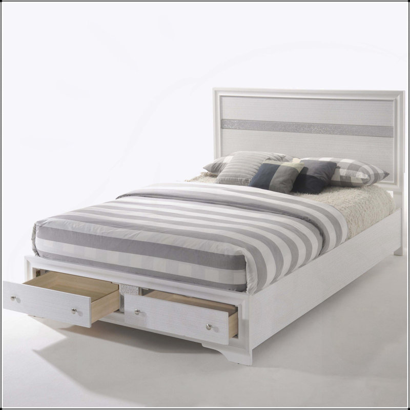 Lit NK Naima au fini blanc avec rangement spacieux et conception à profil bas, aucun sommier requis, idéal pour les chambres modernes