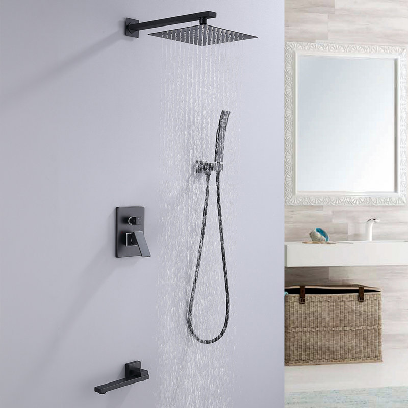 Wall Mounted Rain Shower System With Pressured Balanced Valve And Rotatable Tub Spout, Matte Black