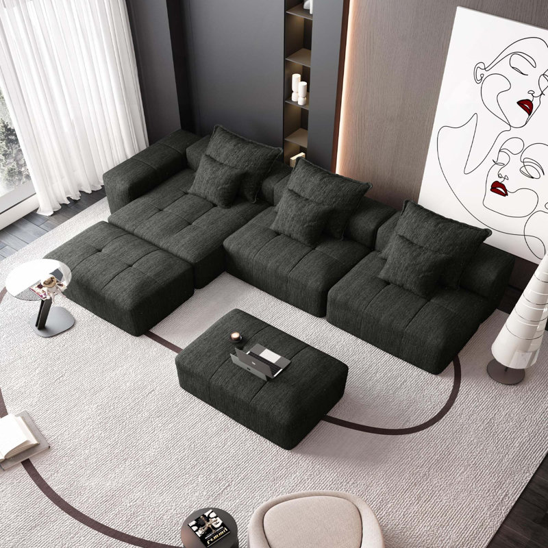 Canapé modulaire Boneless Modern 6 pièces avec 6 coussins pour une combinaison polyvalente et un salon confortable, Noir