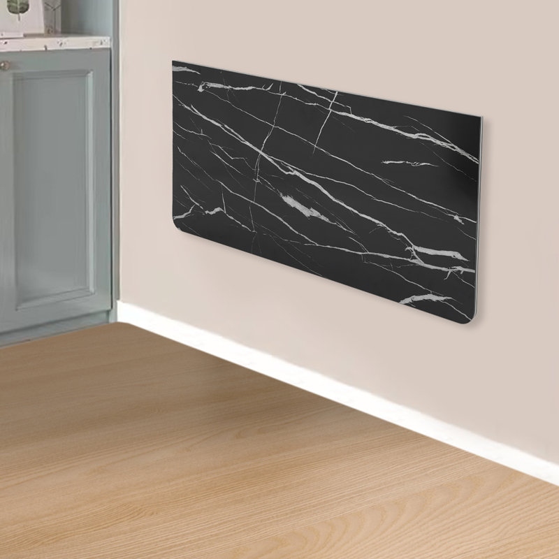 Black Marble Wall-Mounted Folding Desk with Metal Brackets