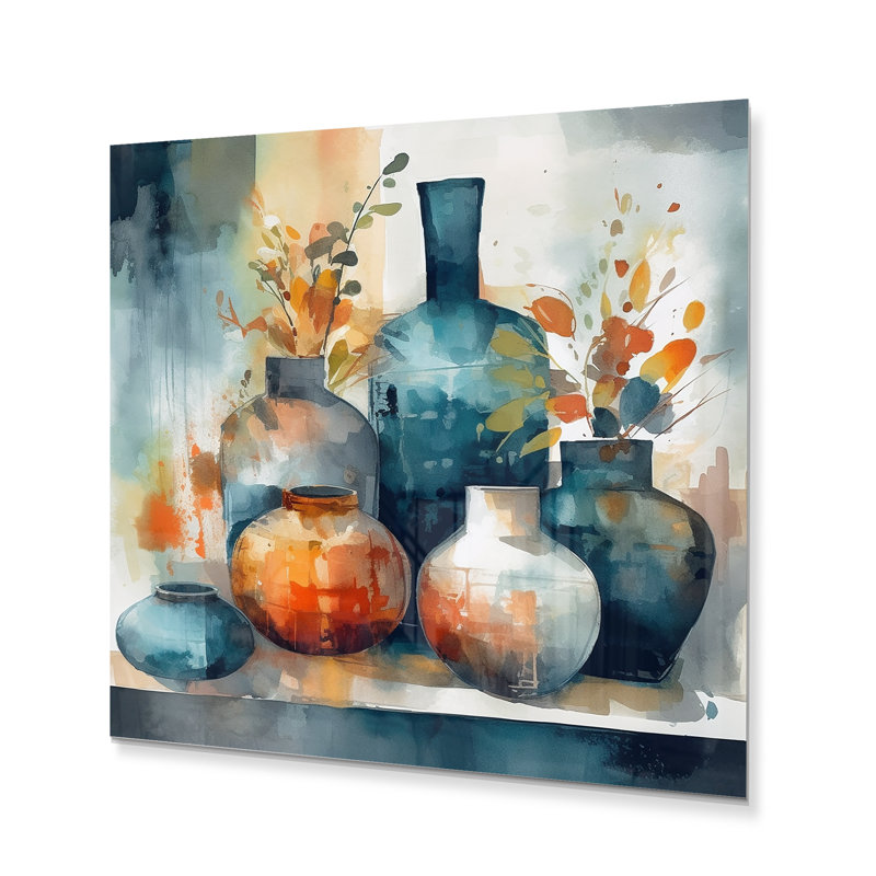 «Ezariyah Blue and Orange Artisanal Boho Pottery I», impression sur métal, H 23 po x l 23 po x P 1 po