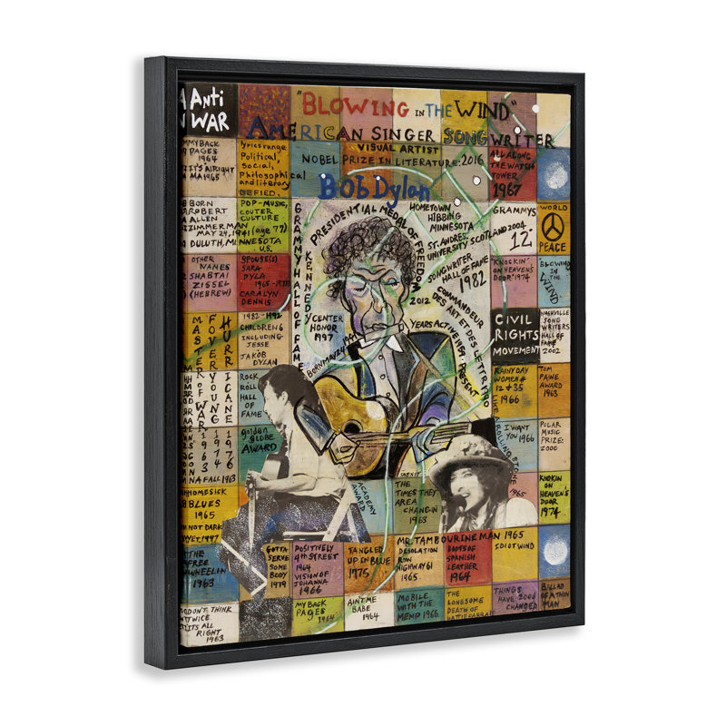 "Bob Dylan", art mural encadré sur toile flottante par Sabin, H 21 po x l 17 po, Cadre flottant orme Montalcino