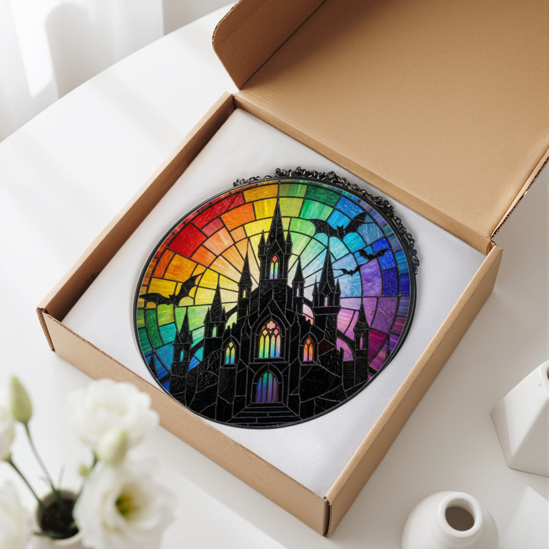12"H Castle Rainbow Stained Glass Window Panel