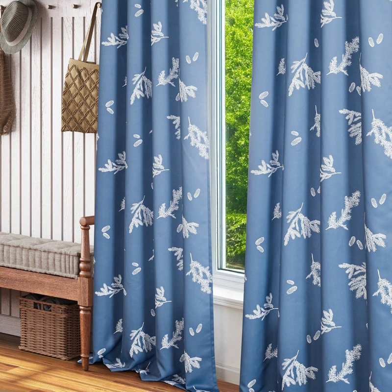 Room Darkening Floral Pattern Grommets Top Curtain Panels (Set of 2), 52" W x 96" L, Blue