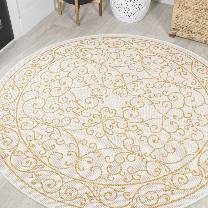 Tapis d'intérieur / extérieur crème / jaune Debbe, Rond 5 pi 3 po