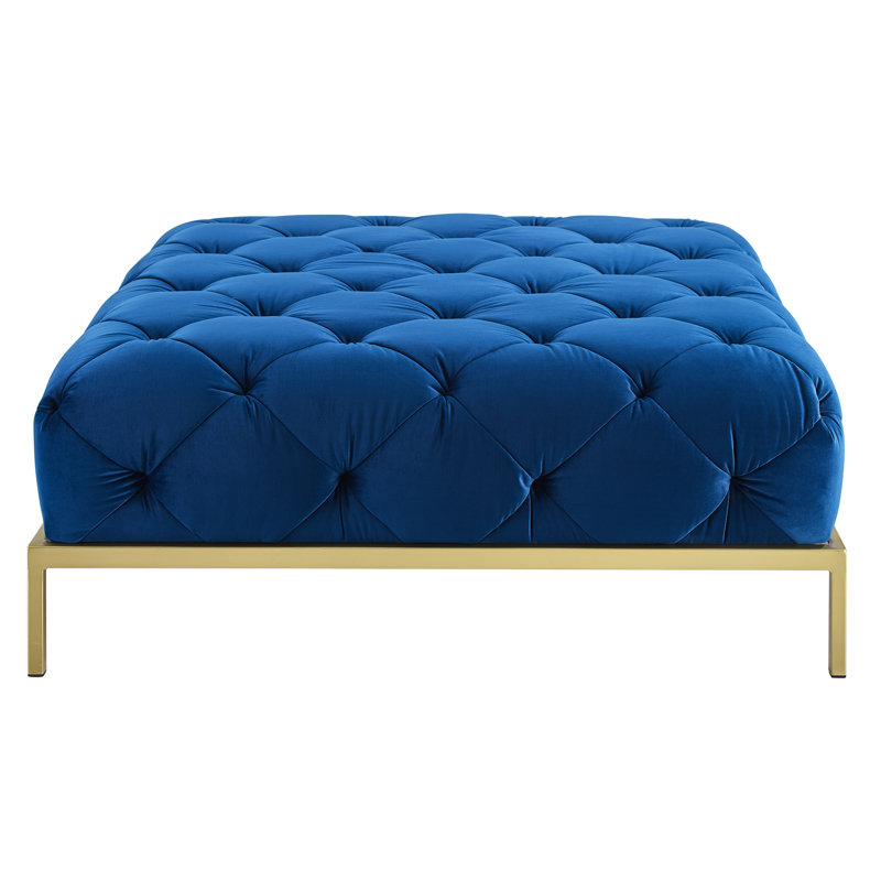 Zermeno 41.73" Wide Velvet Tufted Square Cocktail Ottoman with Gold-Finished Metal Legs, Navy Blue Velvet