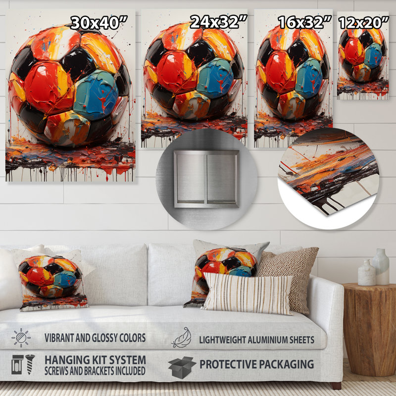 Ballon de soccer rouge et orange - art mural en métal Soccer, H 20 po x l 12 po x P 1 po