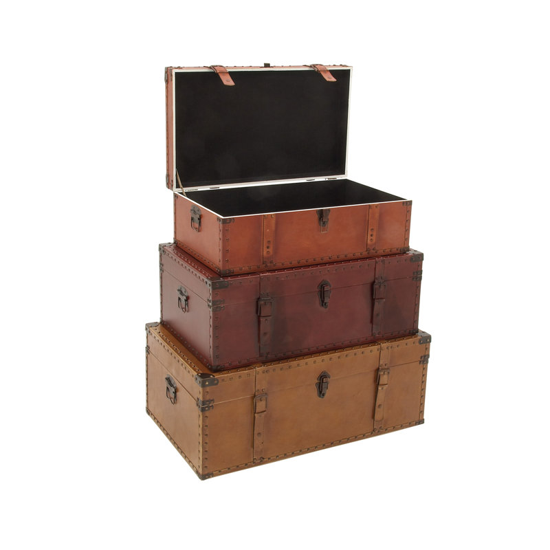 Cantrell Wood Nesting Upholstered Decorative Brown Trunk with Vintage Accents and Studs Set