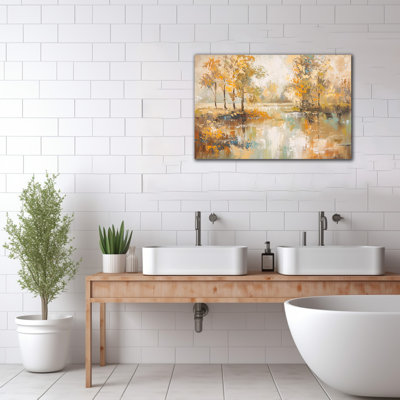 Grande forêt de bouleaux, reproduction d'art sur toile, automne, paysage, rivière, reflet de la rivière, reproduction d'art sur toile, arbre d'automne moderne, art mural pour salon, 36 x 48 pouces