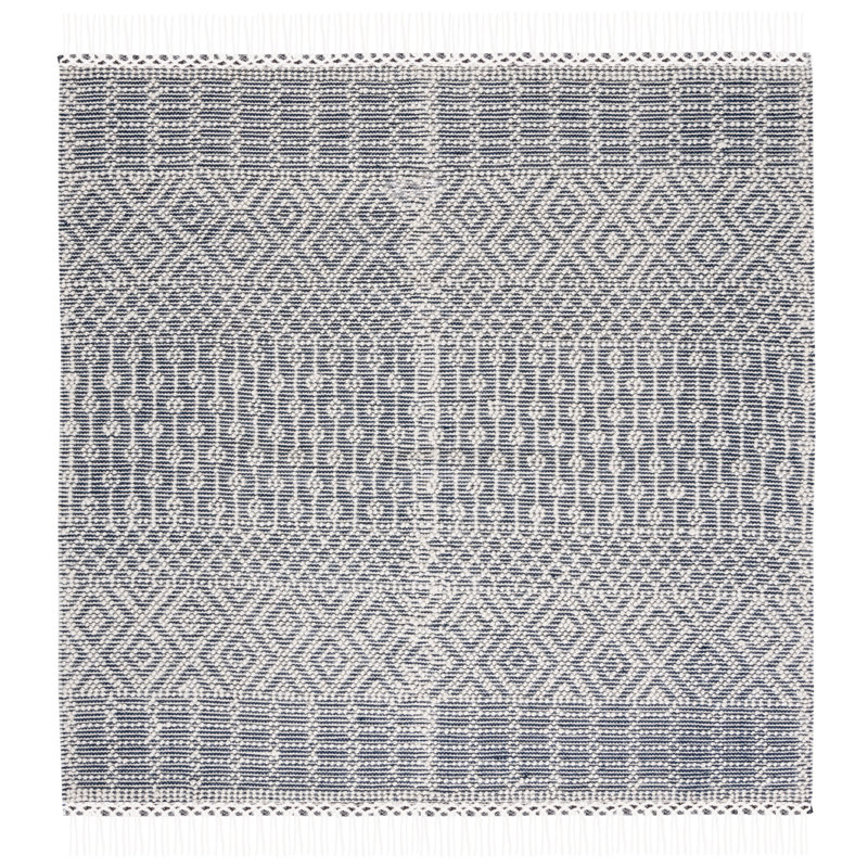 Aldeline Southwestren Handmade Flatweave Wool Ivory/Navy Area Rug, Square 4'