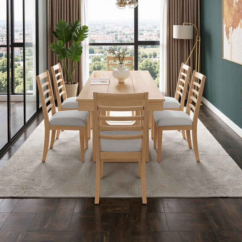 Ensemble de table de salle à manger extensible 7 pièces avec 6 chaises rembourrées, Beige, naturel