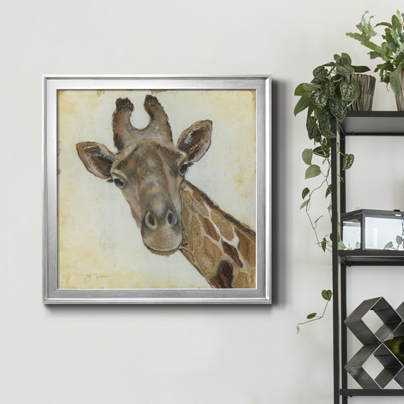 Girafe à motifs - peinture sur toile encadrée, H 22,5 po x l 22,5 po x P 1,5 po, Encadrement argenté