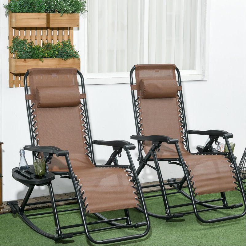 2 chaises berçantes d'extérieur, chaise berçante pliable à gravité zéro avec coussin, porte-gobelet et téléphone, brun. Structure en métal, chaise d'escalade en tissu respirant, support 2Pcs Space Efficient Choice. Brun
