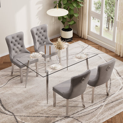Ensemble de table de salle à manger rectangulaire moderne en verre trempé, table de salle à manger de luxe avec chaise de salle à manger en velours capitonné