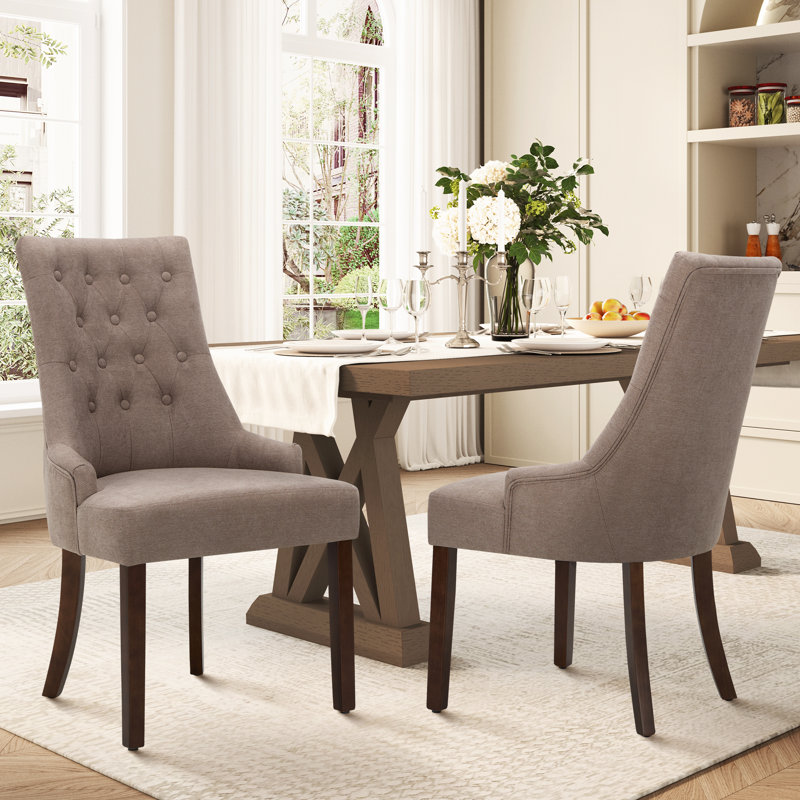 Set of 2 Wingback Dining Chairs, Solid Wood Frame with Linen-Textured Upholstery & Tufted Back, Taupe