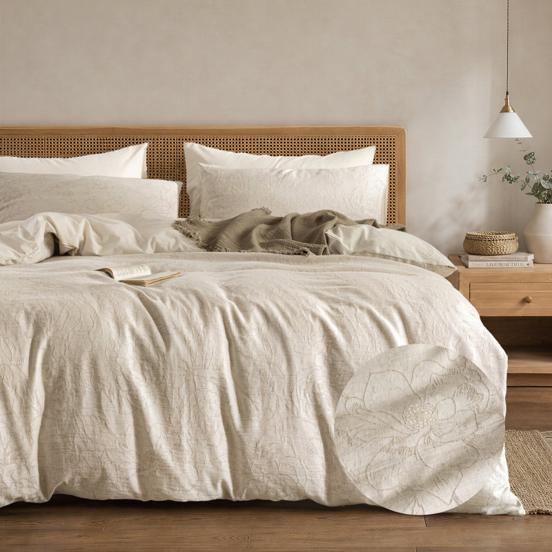 Ensemble de housse de couette en jacquard de coton et lin texturé, Housse de couette double + 2 taies décoratives si