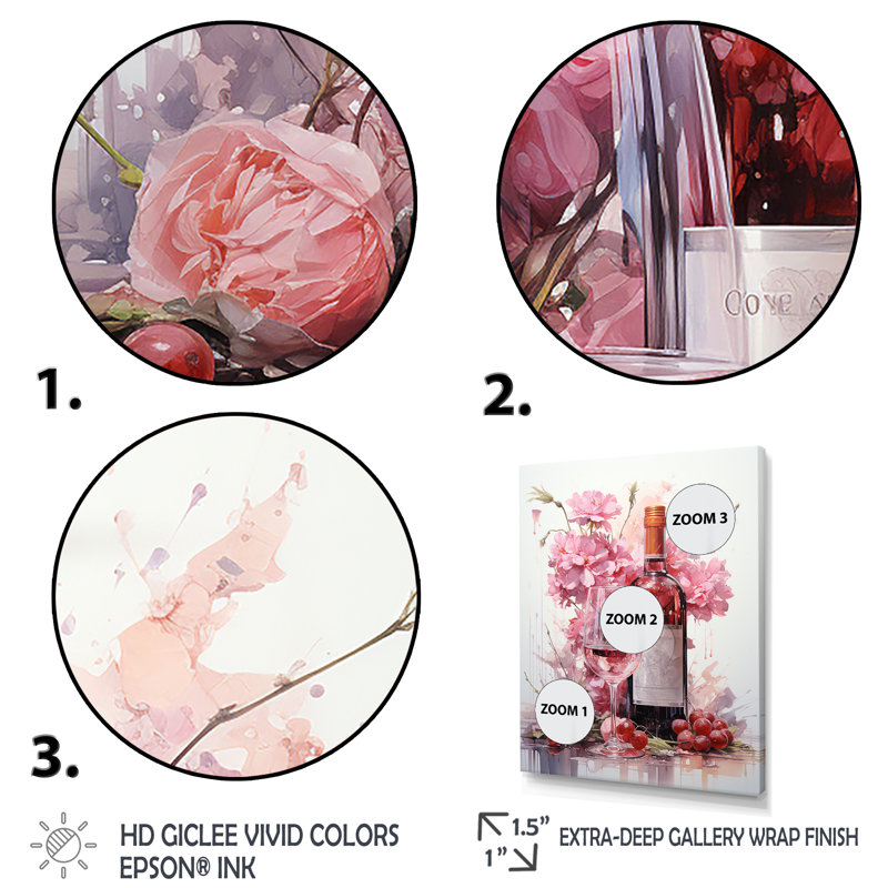 Serenity Pastel Pink Wine Blooms - Art mural vin, Cadre flottant doré, H 20 po x l 12 po x P 1 po