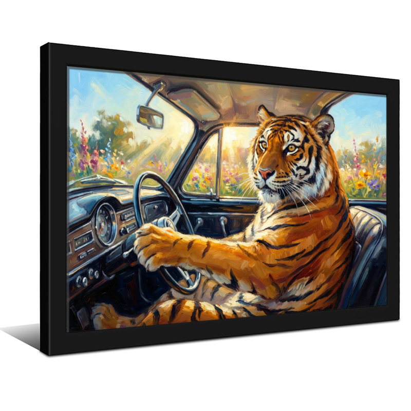 Animaux, tigre au volant d'une voiture classique dans un champ, H 24 po x l 36 po, Toile tendue, Ne s’applique pas