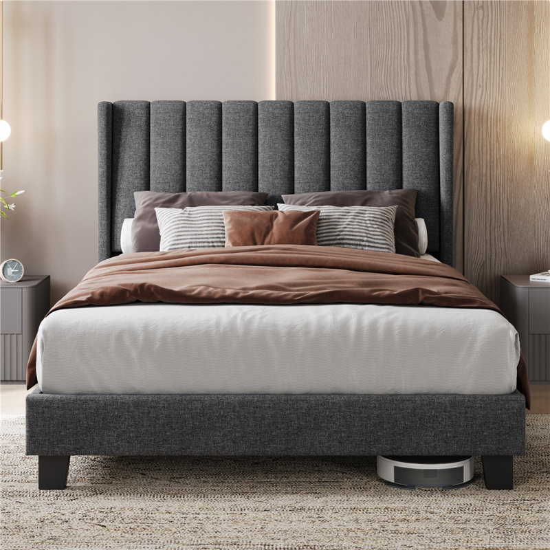 Upholstered Bed Frame with Channel Tufted Headboard, Double (4'6), Dark Grey