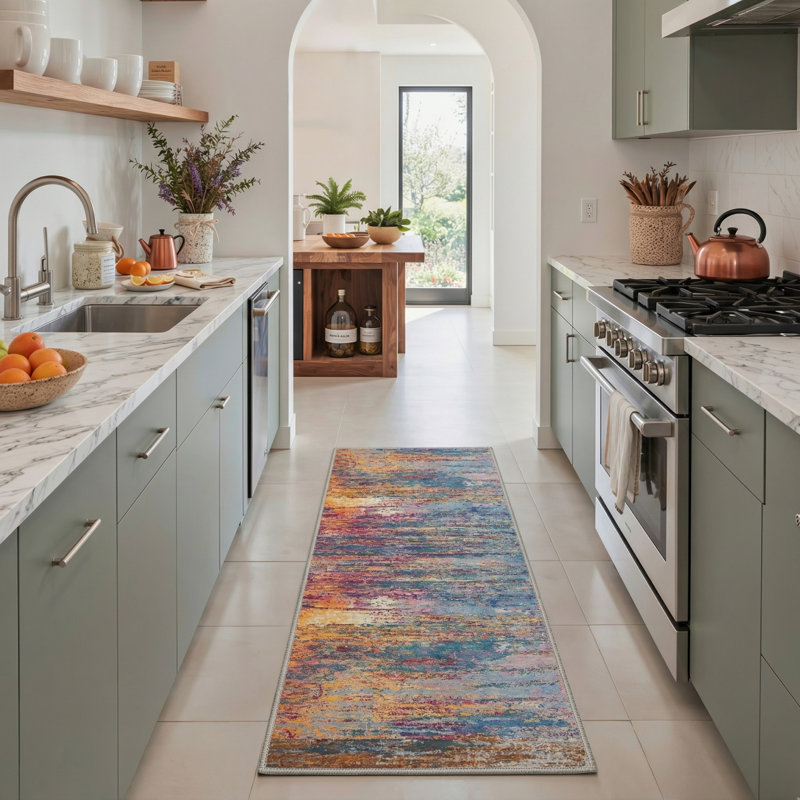 Aura Abstract Stripes Machine Washable Muted Patina Indoor Area Rug With Non-Slip Backing, Runner 2'6" x 8'