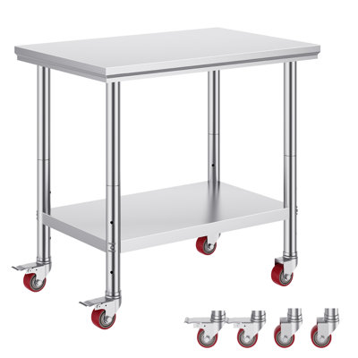 Stainless Steel Work Table 35 x 24 x 33 Inch, 300 LBS Load Capacity with 4 Wheels, 3 Adjustable Height Levels, Heavy-Duty Food Prep Worktable for Commercial Kitchen Restaurant, Silver