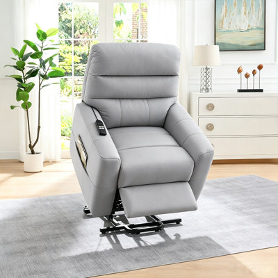 Modern Light Gray Faux Leather Power Lift Recliner with 180° Lay Flat, Remote Control and Side Storage Pocket