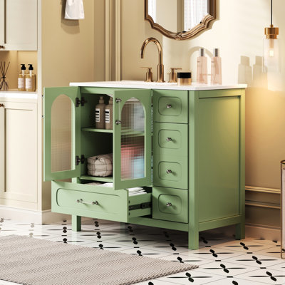 36 meubles de salle de bain avec portes à texture gaufrée, quatre unités de tiroir, deux compartiments, une finition en verre turquoise, une organisation et un rangement intelligents, une armoire de rangement pour salle de bain avec texture