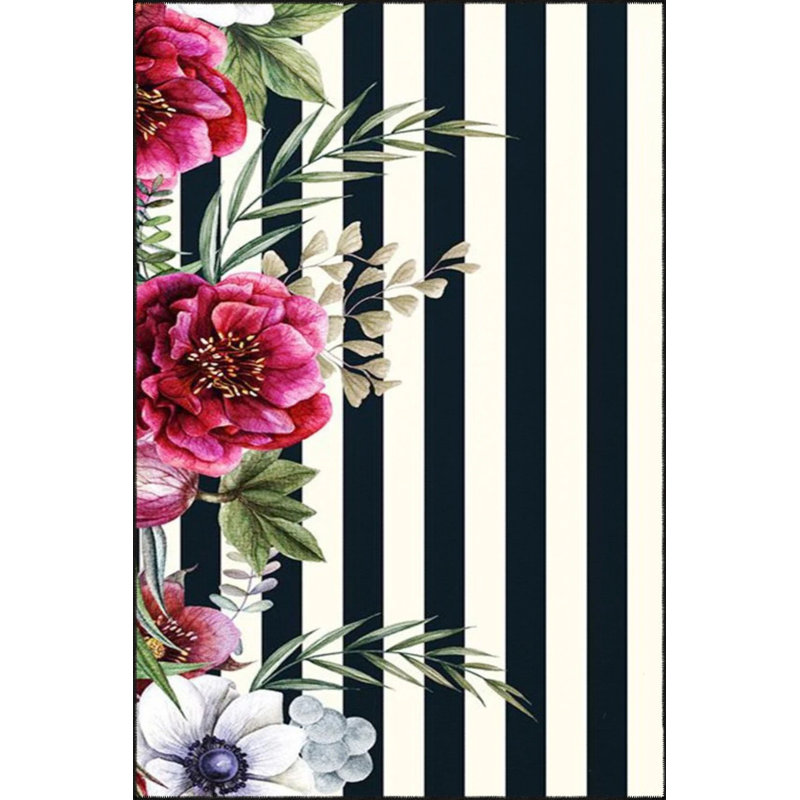 Tapis décoratif floral à rayures géométriques modernes à motif floral noir, Rectangle 5 pi x 9 pi 11 po