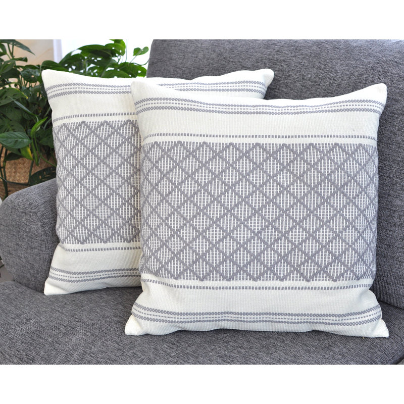 Gray and White Cotton Blend Geometric Square Pillowcases, Set of 2