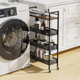 4 Tier Slim Storage Cart, 5.9In Slim Kitchen Cart On Wheels For Small Space, Narrow Rolling Cart With Wooden Top Metal Handle And Wire Mesh
