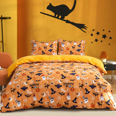 Literie trois pièces en microfibre douce, motif citrouille d'Halloween, avec taies d'oreiller, fermeture éclair invisible, orange.