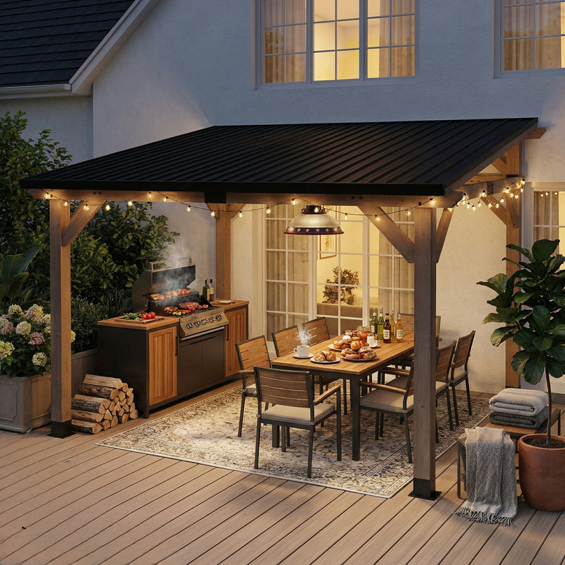 Solid Wood Rectangle Gazebo With Hardtop Steel Slope Roof, 12 ft W x 10 ft D