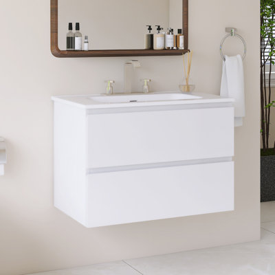 Wall Mounted Single Bathroom Vanity With White Ceramic Integrated Top
