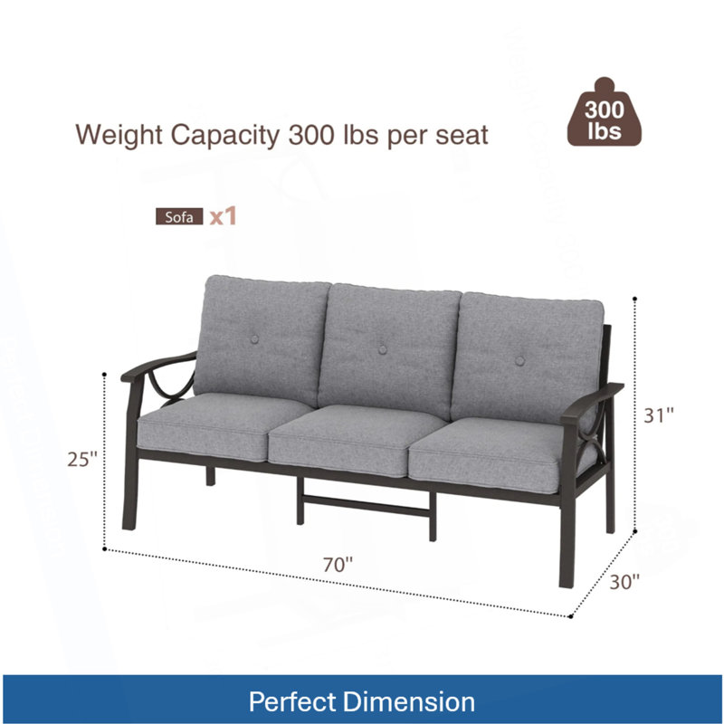 70” All-Weather Metal 3-Seat Patio Sofa, Khaki Frame With Gray Cushions, Gray