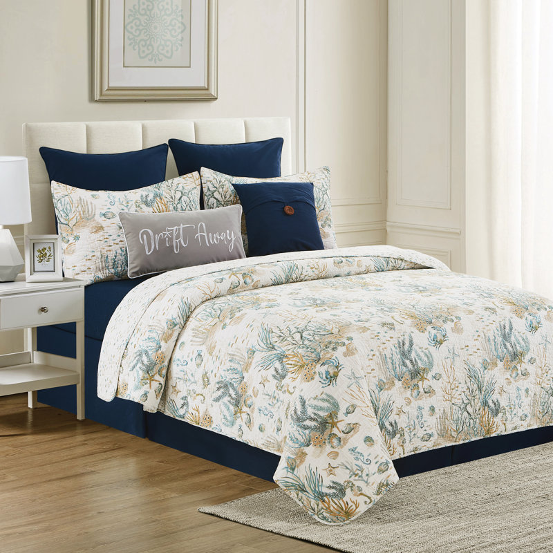 Cerulean Shores Twin Blue Cotton Reversible Quilt Set