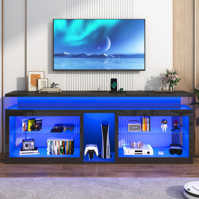 Meuble télé 71 po à DEL avec prise de courant, lumières DEL 60 couleurs pour téléviseur 65 70 à 80 po, centre de divertissement pour jeux ultrabrillant avec tablettes réglables, console de télévision au design moderne pour la chambre à coucher du salon